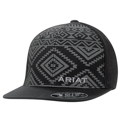 Ariat Mens Aztec Print Logo Flat Brim Snapback Hat Black & Grey