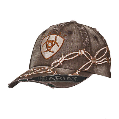 Ariat Mens Logo & Barbed Wire Embroidered Adjustable Baseball Cap Brown / Tan