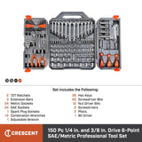 Crescent Tools 150 Piece 1/4in and 3/8in Drive 6 Point SAE/Metric Professional Tool Set