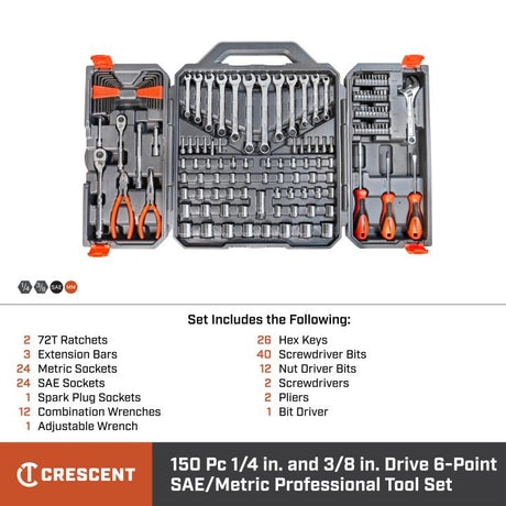 Crescent Tools 150 Piece 1/4in and 3/8in Drive 6 Point SAE/Metric Professional Tool Set