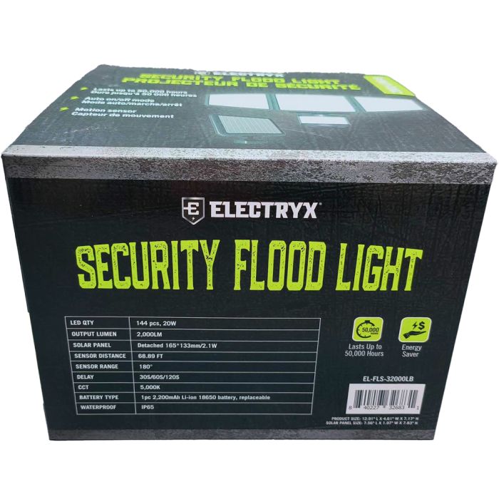 Electryx 2000 Lumens Solar Powered LED Security Flood Light - Black