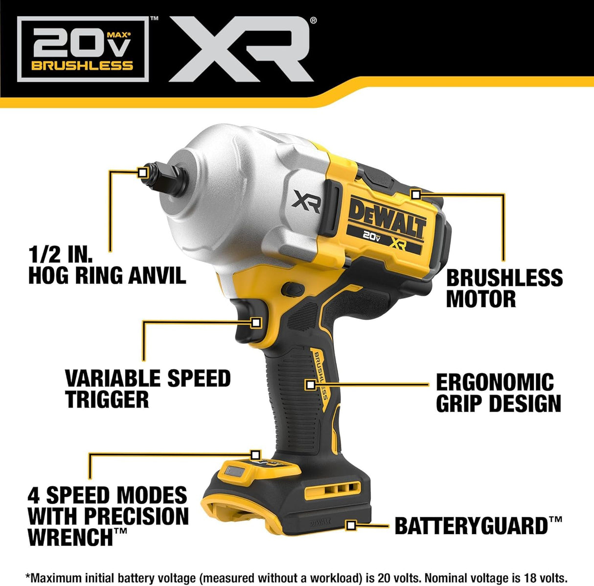 Dewalt 20V MAX XR Brushless Cordless 1/2 In High Torque Impact Wrench with Hog Ring Anvil (Tool Only)