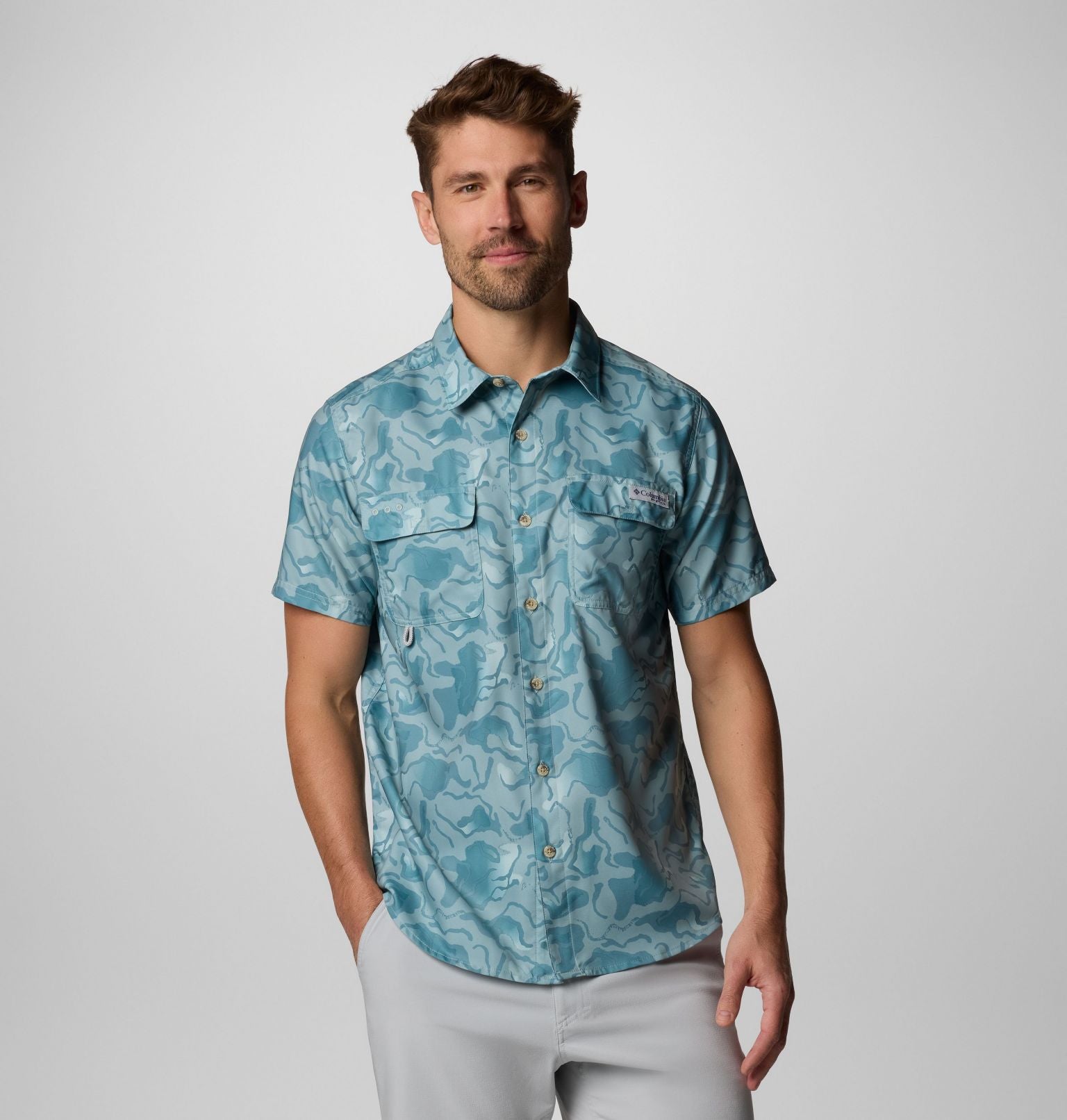 Men's PFG Uncharted Printed Short Sleeve Shirt - Crushed Blue
