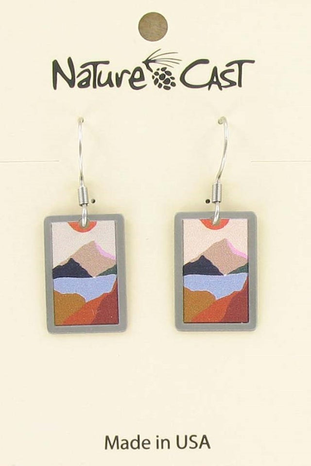 Nature Cast Metalworks Rectangle Mountain Lake With Orange Sun Dangle Earring Multi