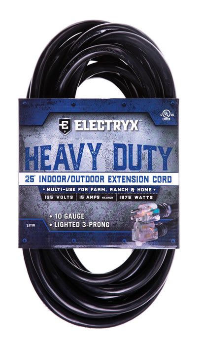 Electryx Heavy Duty Indoor/Outdoor Extension Cord - 10 Gauge - Black 25FT / Black
