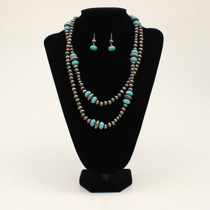 Blazin Roxx Double Strand Silver & Turquoise Beaded Jewelry Set