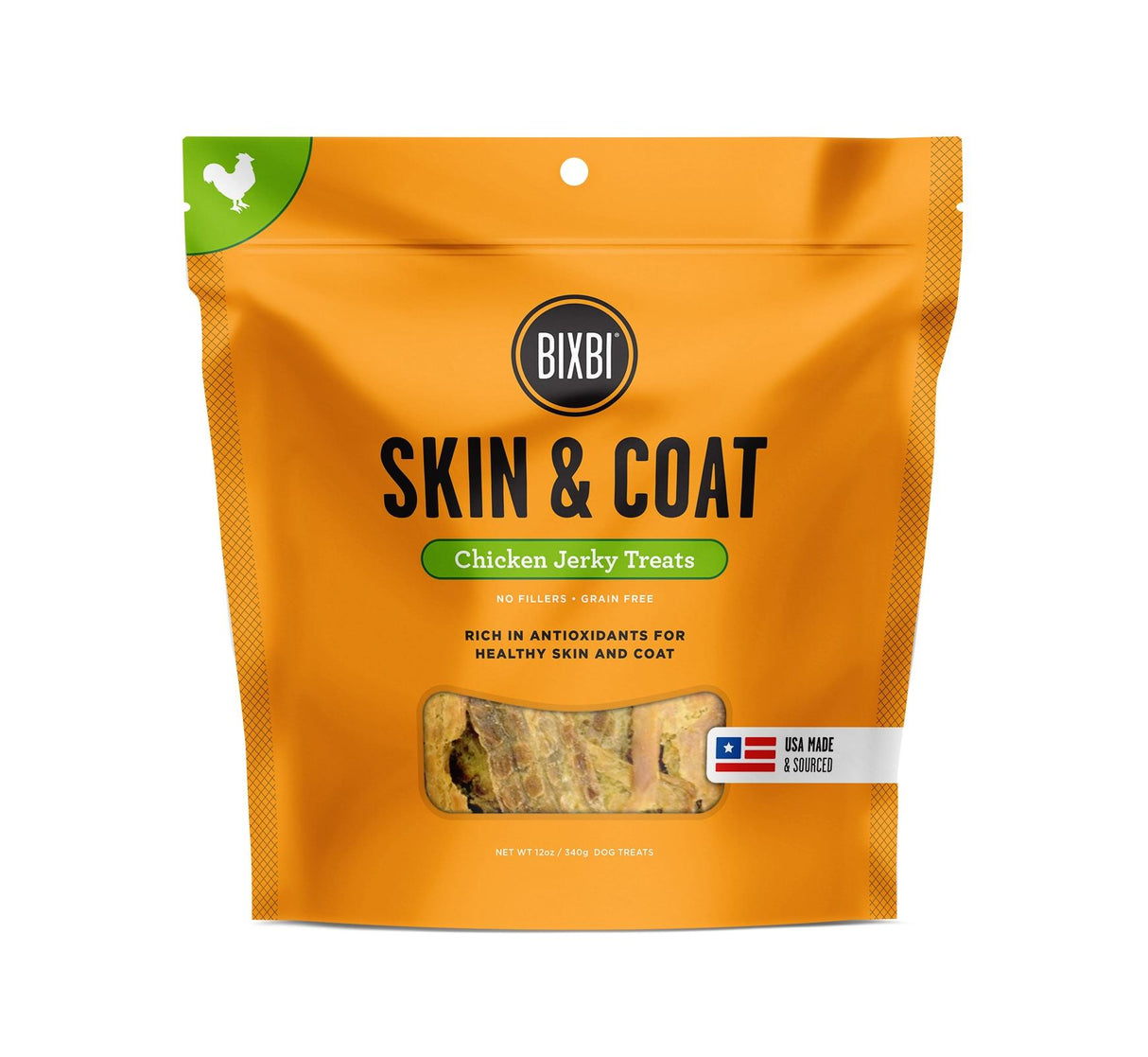 BIXBI Pet Skin & Coat Jerky Treats for Dogs - Chicken Recipe - 5oz / 12oz Chicken