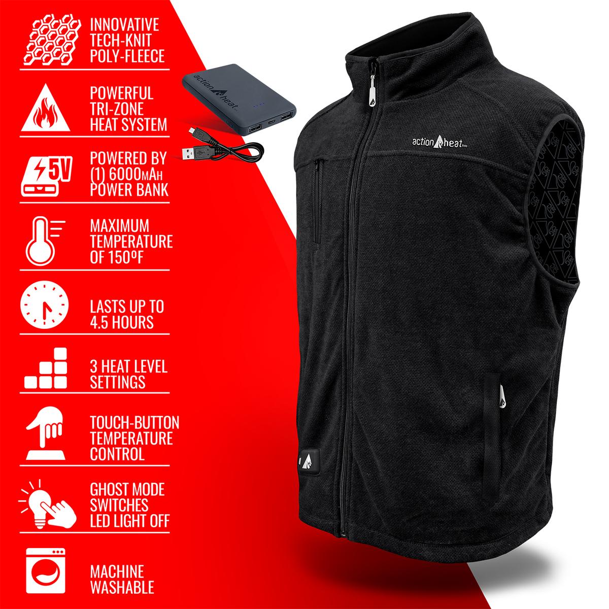 Action Heat Mens 5v Heated Performance Fleece Vest Black