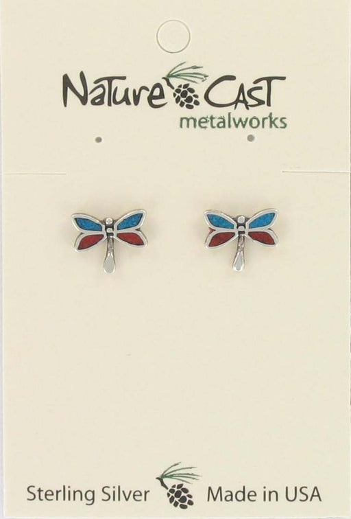 Nature Cast Metalworks Inlay Coral/turquoise Dragonfly Sterling Silver Post Earring