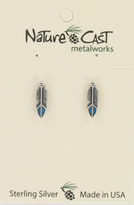 Nature Cast Metalworks Feather With Turquoise Inlay Sterling Silver Post Earring