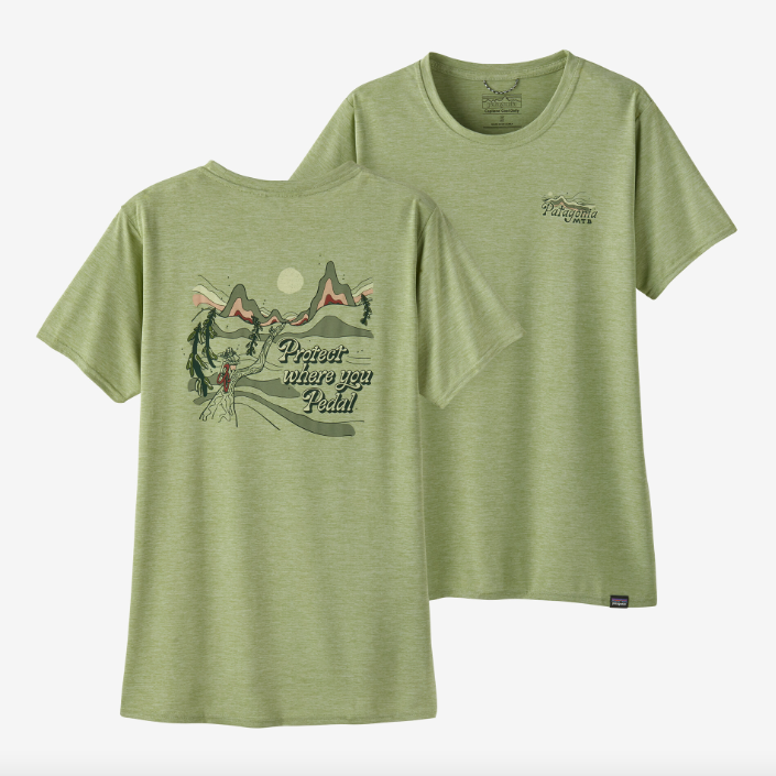 Patagonia Women's Capilene Cool Daily Graphic Shirt - Lands Protect Pedal: Salvia Green X-Dye