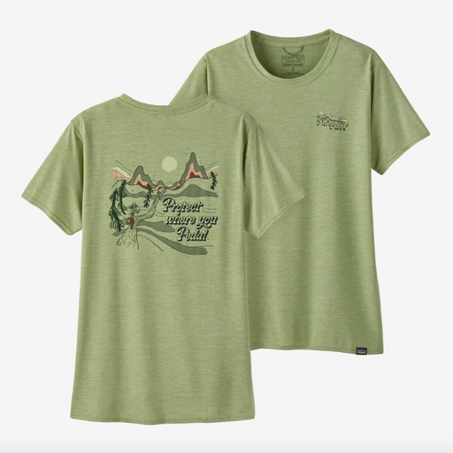 Patagonia Women's Capilene Cool Daily Graphic Shirt - Lands Protect Pedal: Salvia Green X-Dye