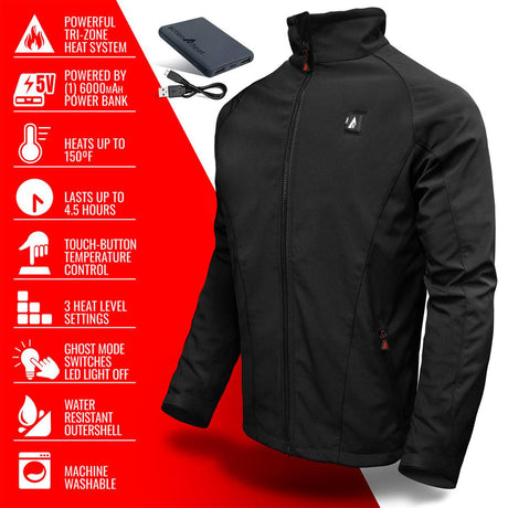 Action Heat Men's 5V Battery Heated Softshell Jacket - Black Black