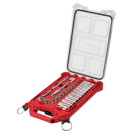 Milwaukee 3/8 In. Drive 28pc Ratchet & Socket Set With Packout Low-profile Compact Organizer - Sae