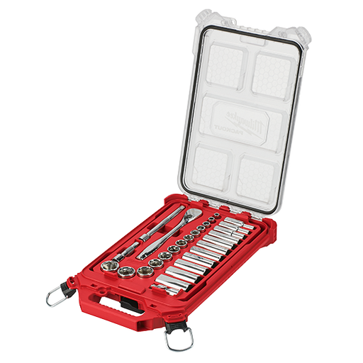 Milwaukee 3/8 In. Drive 28pc Ratchet & Socket Set With Packout Low-profile Compact Organizer - Sae