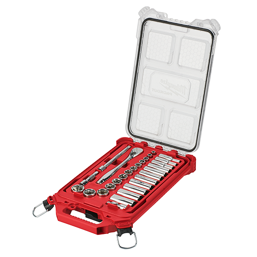 Milwaukee 3/8 In. Drive 28pc Ratchet & Socket Set With Packout Low-profile Compact Organizer - Sae