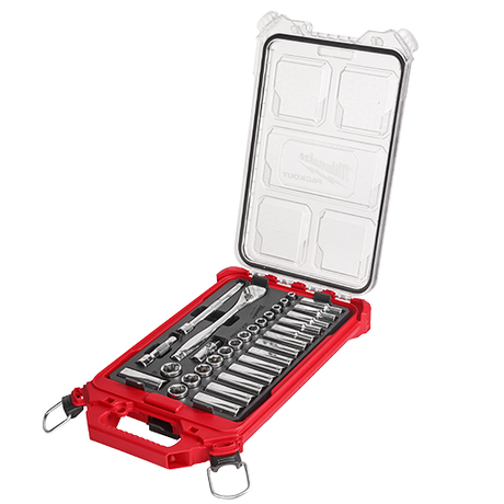 Milwaukee 32pc 3/8 In. Metric Ratchet And Socket Set With Packout Low-profile Compact Organizer