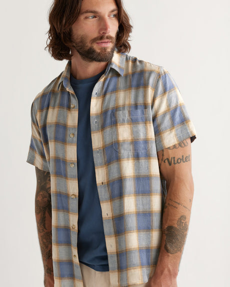 Pendleton Men's Short-sleeve Dawson Linen Shirt Tan/indigo plaid