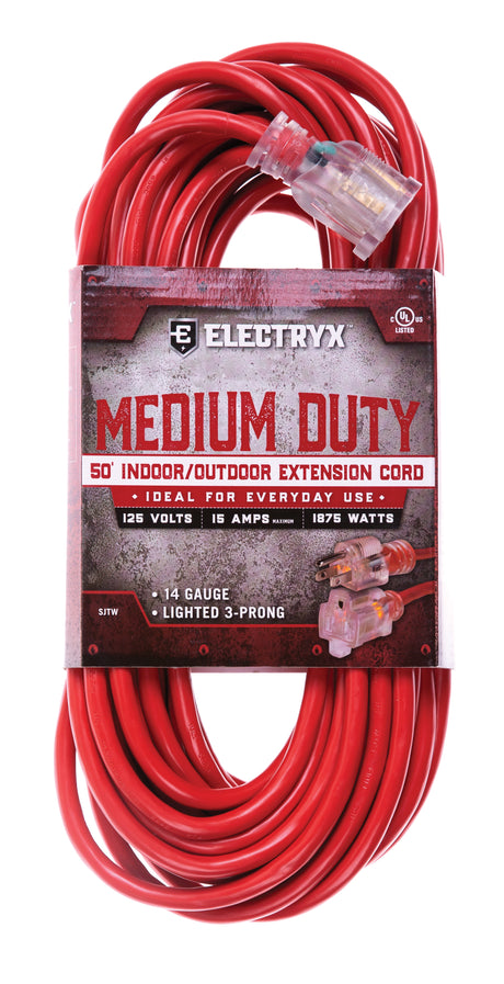 Electryx Medium Duty Indoor/Outdoor Extension Cord - 14 Gauge - Red 50FT / Red