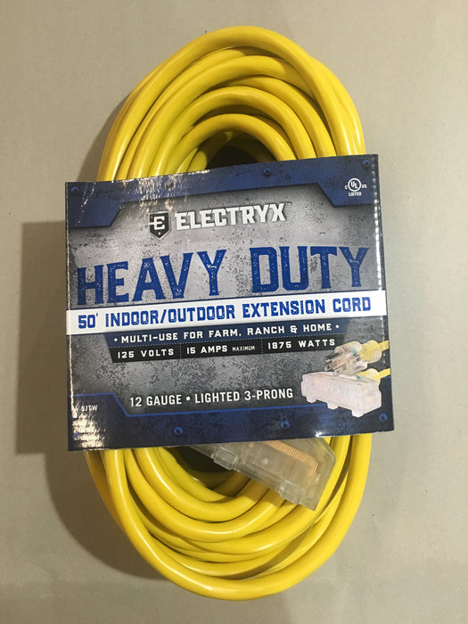 Electryx Heavy Duty Indoor/Outdoor 3 Plug Extension Cord - 12 Gauge - Yellow 50FT / Yellow