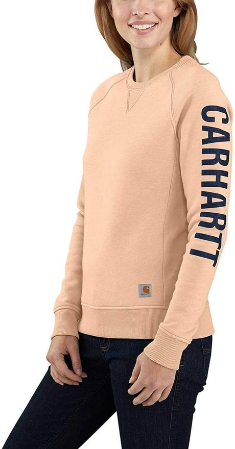 Carhartt Women's Relaxed Fit Midweight Crewneck Block Logo Sleeve Graphic Sweatshirt Cantaloupe