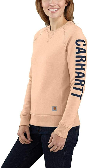 Carhartt Women's Relaxed Fit Midweight Crewneck Block Logo Sleeve Graphic Sweatshirt Cantaloupe