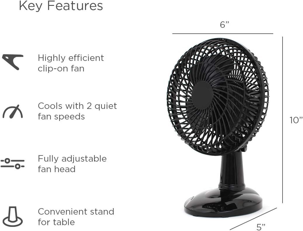 Vision Air 6-inch Convertible Desk Fan Clip On Base or Tabletop - Black