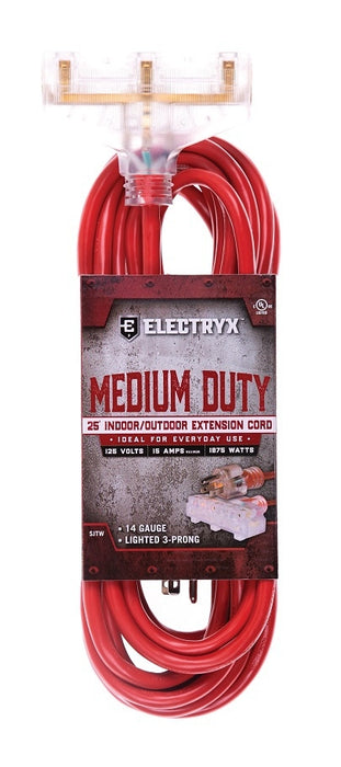 Electryx Medium Duty Indoor/Outdoor 3 Plug Extension Cord - 14 Gauge - Red 25FT / Red