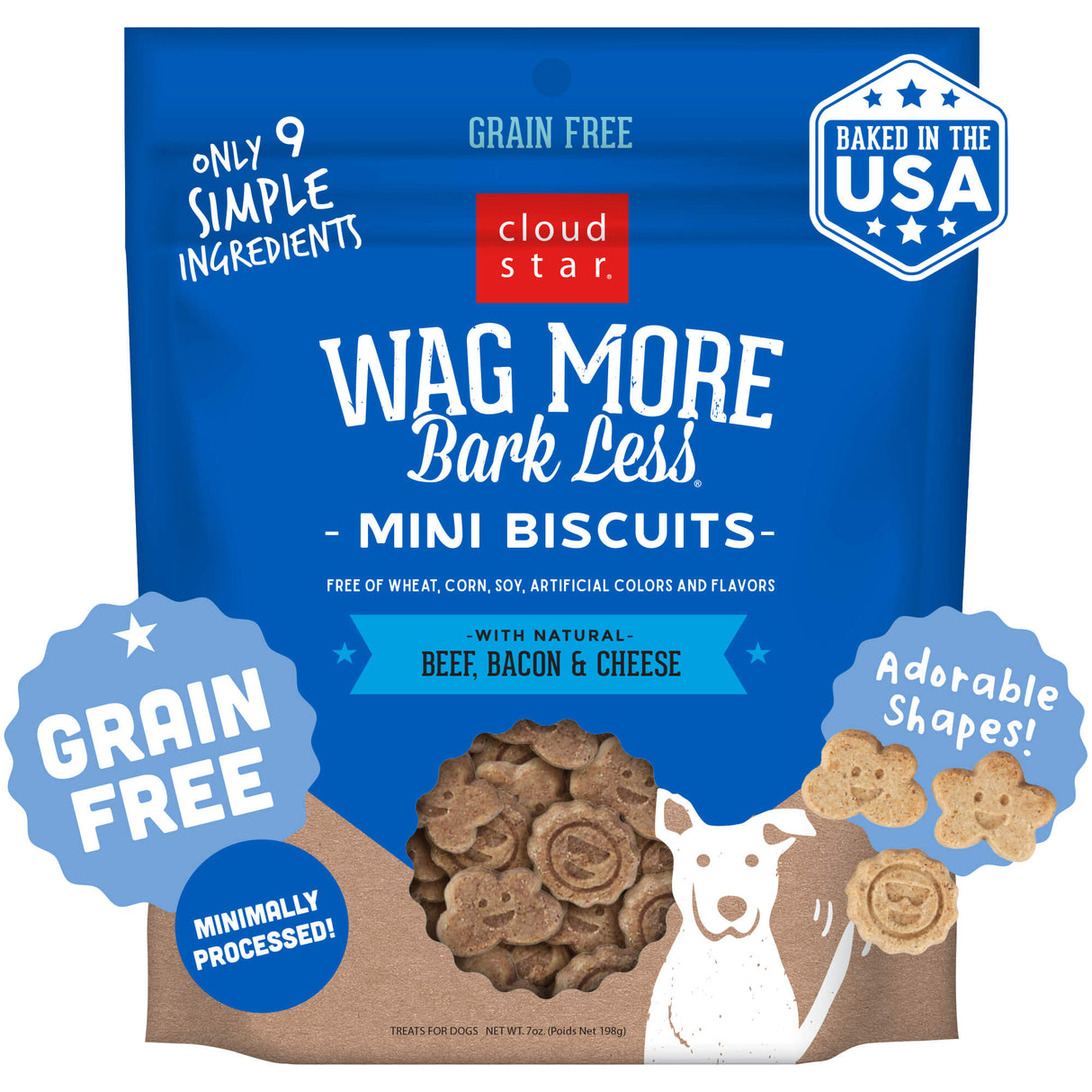 Cloudstar Wag More Bark Less Grain Free Mini Dog Biscuits (Beef, Bacon & Cheese) - 7oz / Beef, Bacon & Cheese