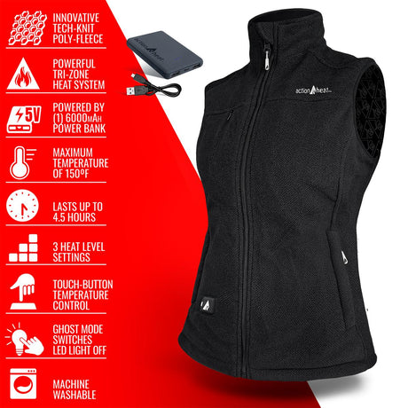 Action Heat Womens 5v Heated Performance Fleece Vest Black