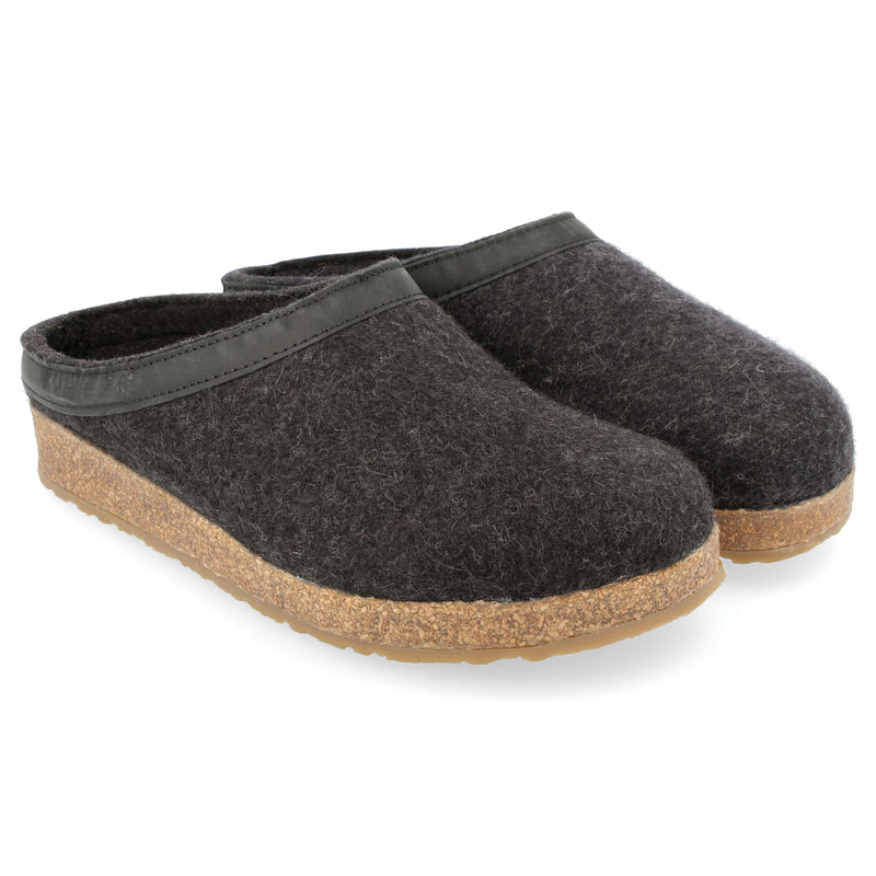 Haflinger Grizzly Leather Trim Wool Felt Clog Slipper - Charcoal Charcoal