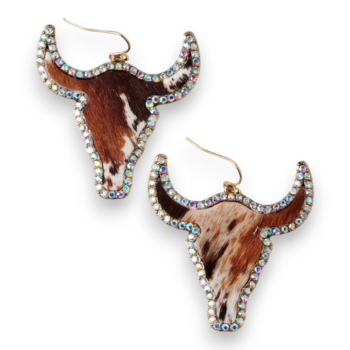 Silver Strike Longhorn Earrings with Calf Hair & Crystals