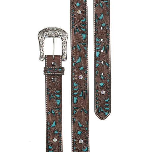 Ariat Womens Floral Tooled Turquoise Inlay Leather Belt Brown & Teal /  / 1-1/2 in.