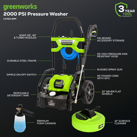 Greenworks 2000 PSI 1.2 GPM Cold Water Electric Pressure Washer with 12-inch Surface Cleaner and Premium Foam Cannon