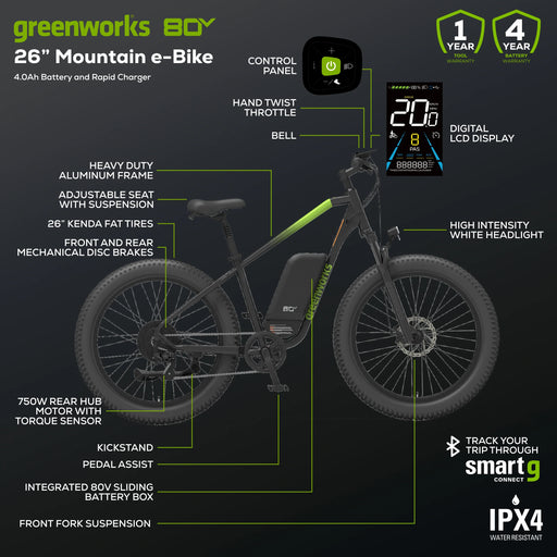 Greenworks 80V VENTURE Series 26-inch Fat Tire Electric Mountain Bike