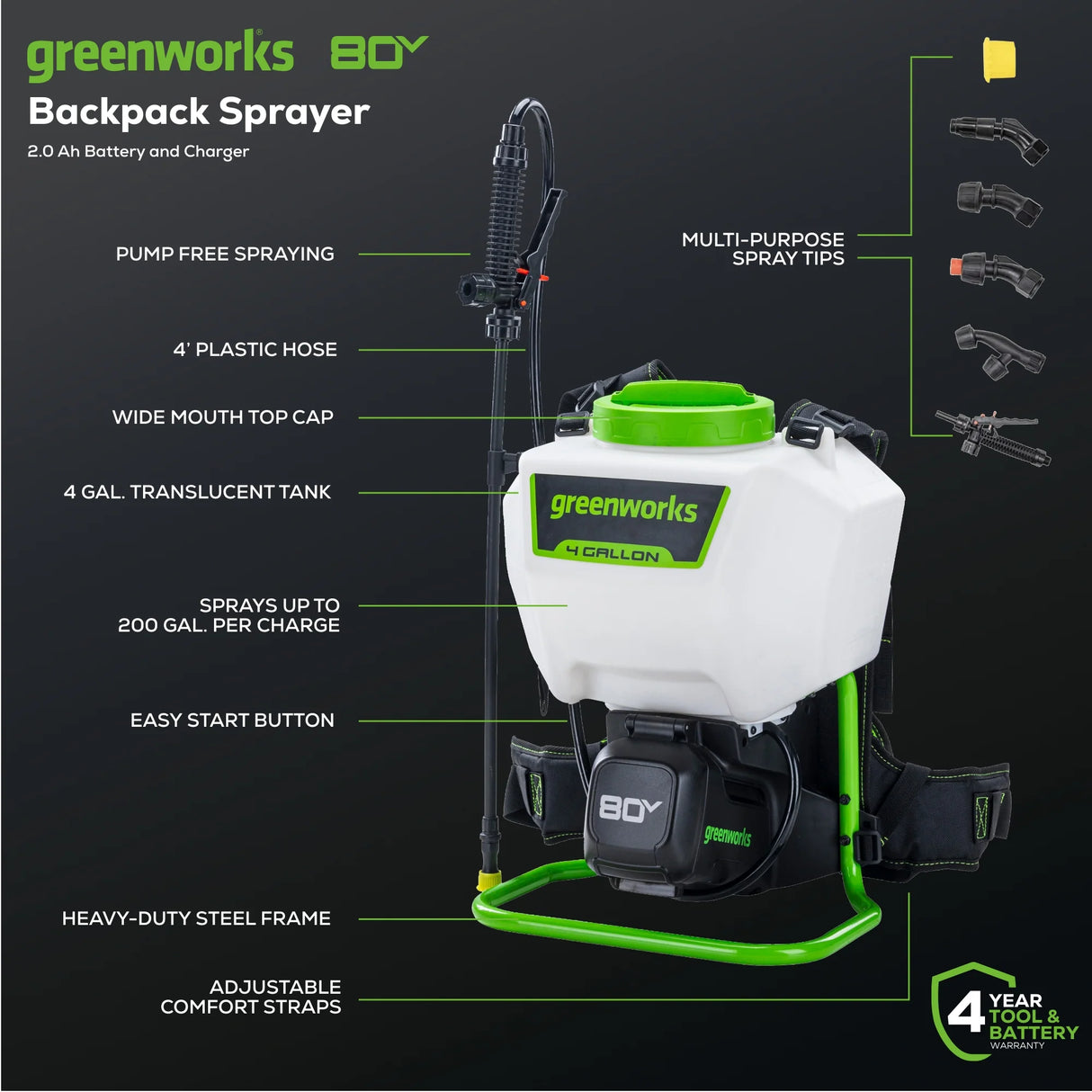 Greenworks 80V Cordless Battery Backpack Sprayer with 2.0Ah Battery & Charger