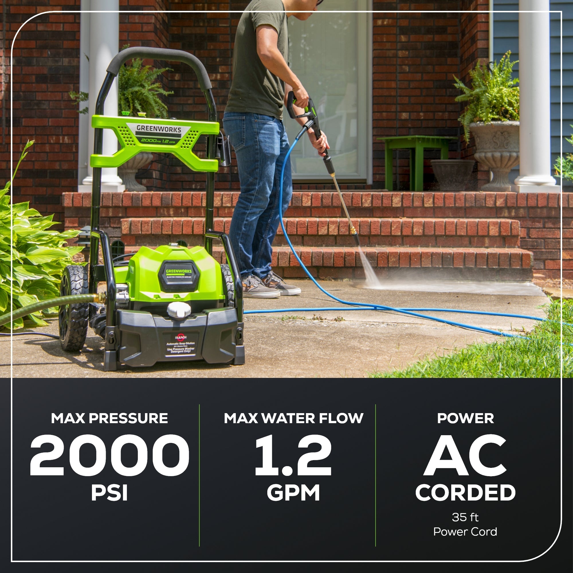 Greenworks 2000 PSI 1.2 GPM Cold Water Electric Pressure Washer with 12 inch Surface Cleaner and Premium Foam Cannon JAXOutdoorGearFarmandRanch