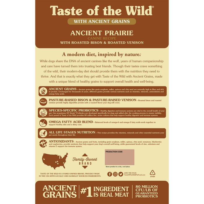 Taste of the Wild Ancient Prairie Canine Recipe with Roasted Bison & Roasted Venison - 28 LB