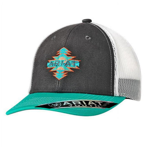 Ariat Youth Aztec Logo Mesh Snapback Hat Grey / Turquoise / Coral