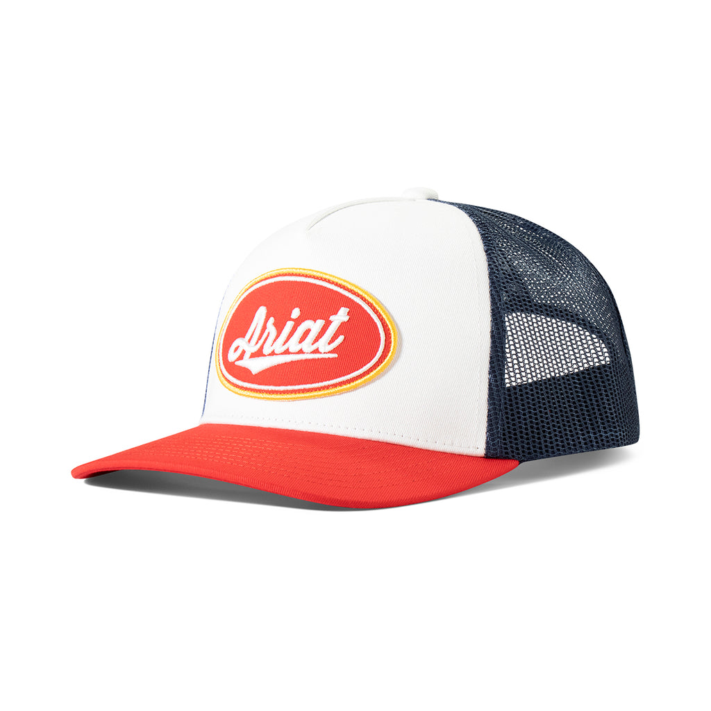 Ariat Mens Oval Script Logo Patch Mesh Trucker Cap White / Navy / Red