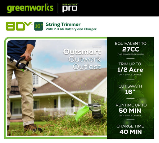 Greenworks Pro 80V 16-inch Cordless Battery String Trimmer with 2.0 Ah Battery & Charger