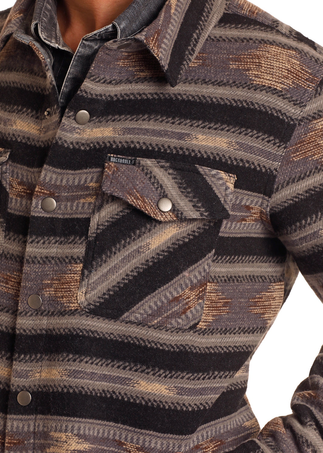 Rock & Roll Denim Aztec Striped Jacquard Shirt Jacket - Brown