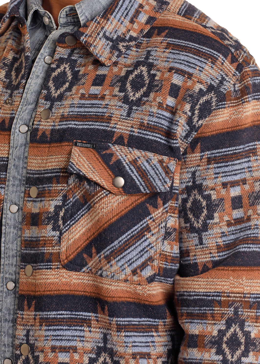 Rock & Roll Denim Aztec Striped Jacquard Shirt Jacket - Navy