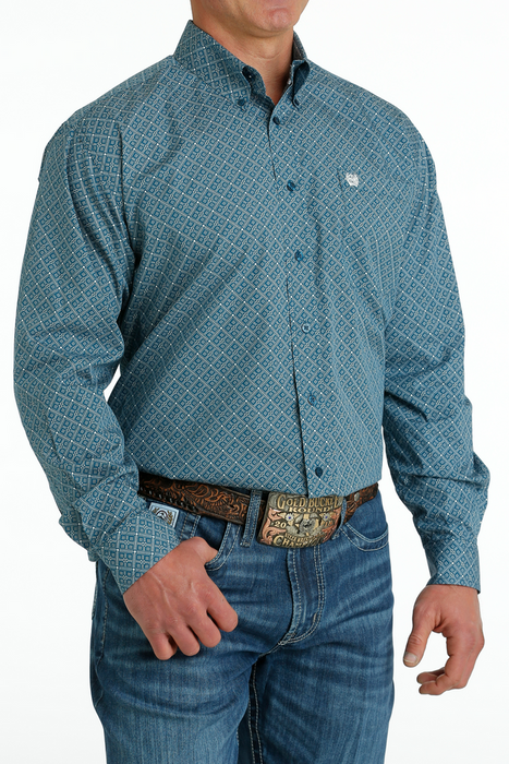 Cinch Men's Geometric Print Button-Down Long Sleeve Western Shirt - Blue Geo Blue