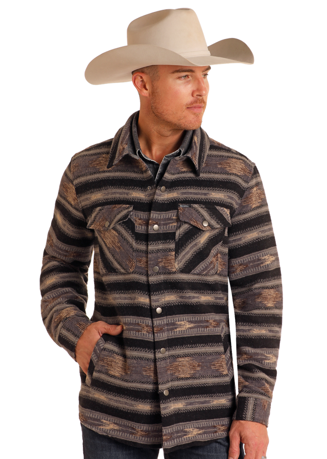 Rock & Roll Denim Aztec Striped Jacquard Shirt Jacket - Brown Brown