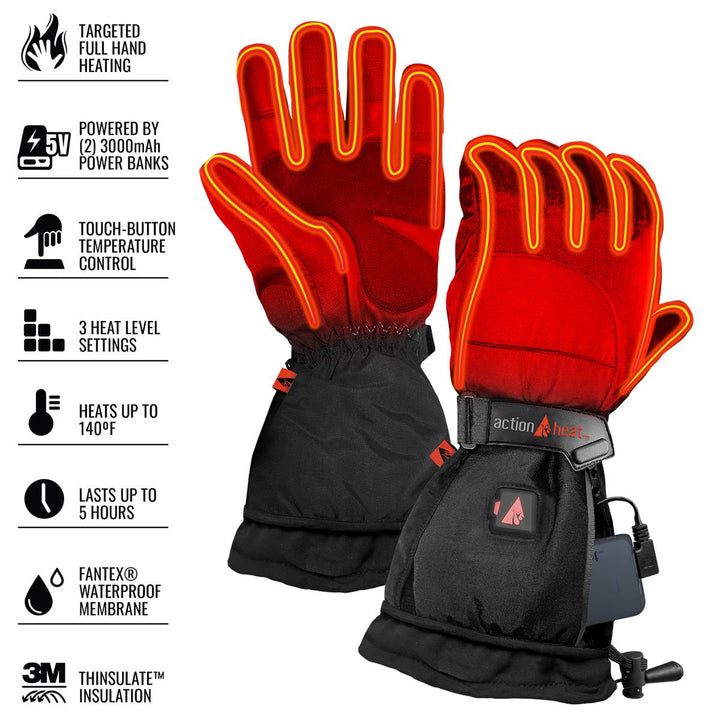 Action Heat Women's 5V Battery Heated Snow Gloves - Black Black