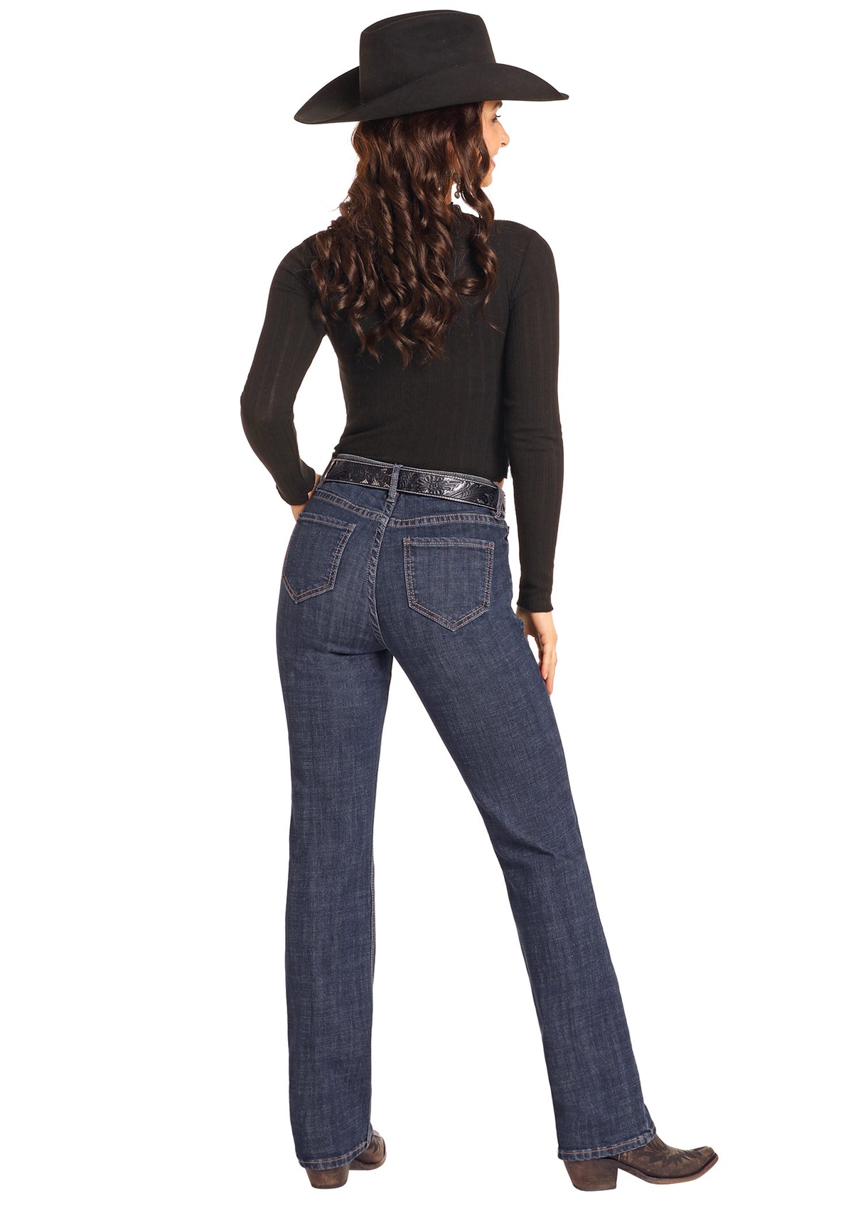 Rock & Roll Denim Western Yoke High Rise Modest Bootcut Jean - Dark Wash