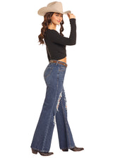 Rock & Roll Denim High-Rise Patched Distressed Wide Leg Flare Jean