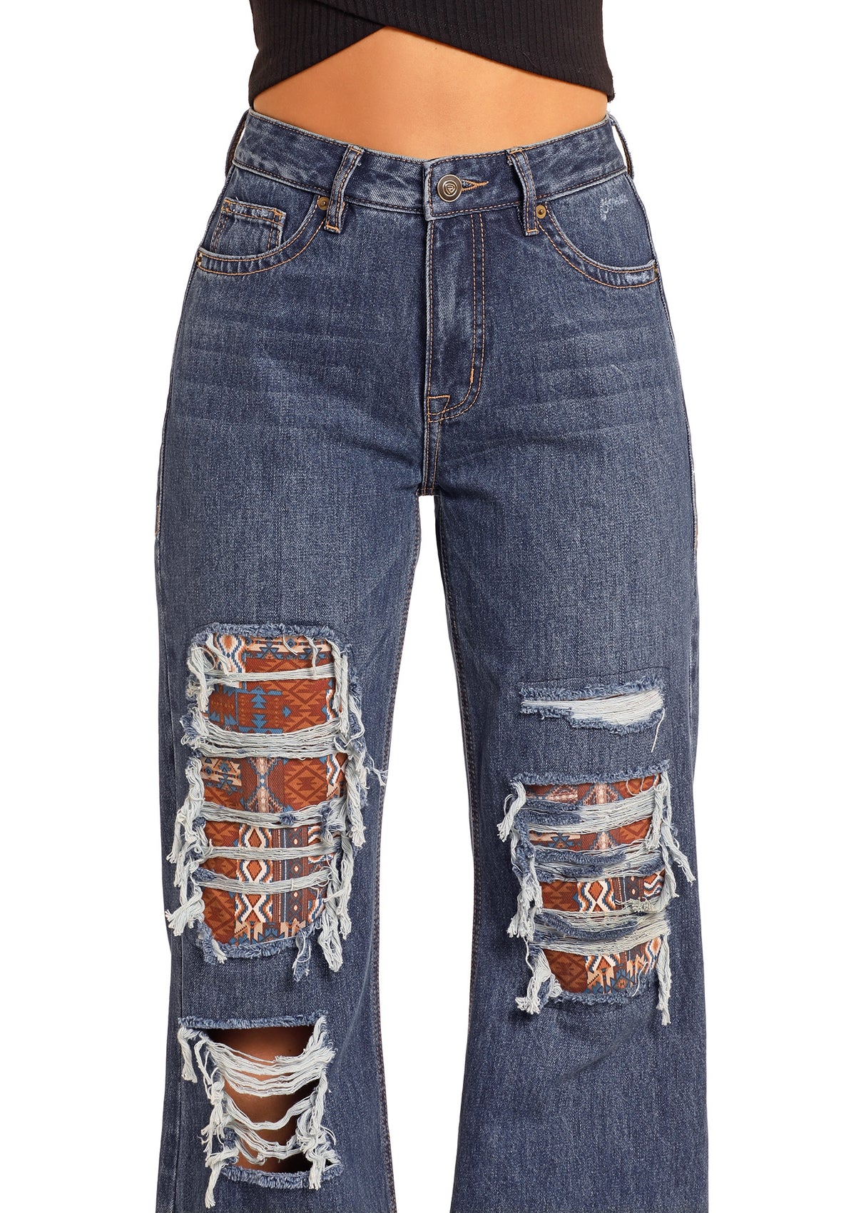 Rock & Roll Denim High-Rise Patched Distressed Wide Leg Flare Jean