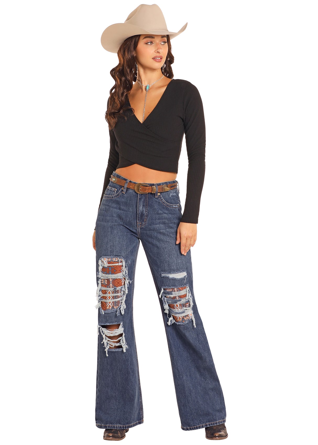 Rock & Roll Denim High-Rise Patched Distressed Wide Leg Flare Jean